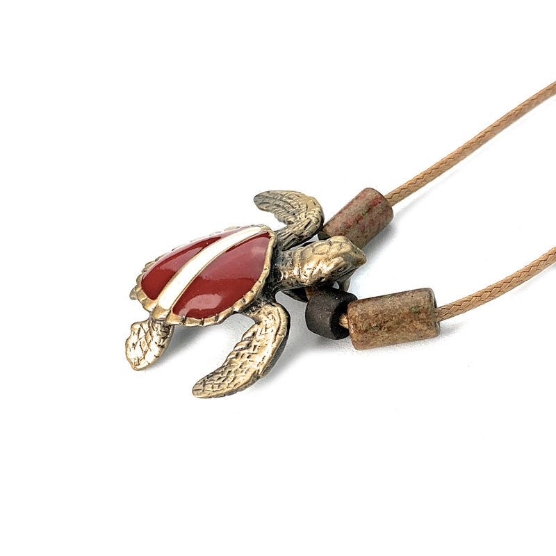 Dive Turtle Necklace for Men and Women- Solid Bronze Hawksbill Sea Turtle Dive Pendant, Scuba Diving Jewelry with Dive Flag, Gifts for Scuba Divers, Shoreline