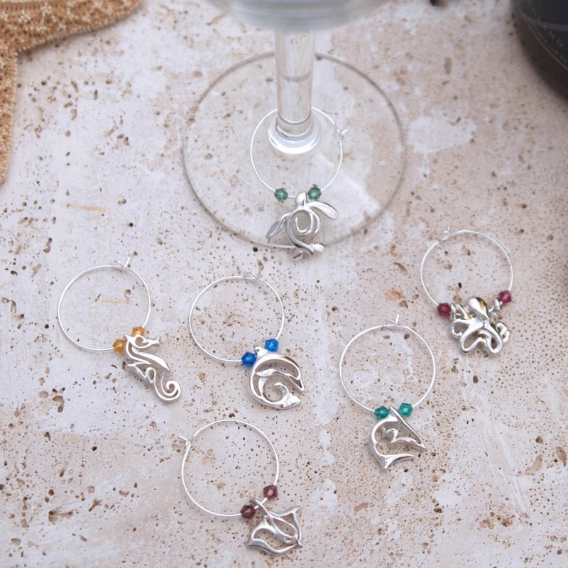 Wine Glass Charms, Sea Life Wine Charms, Wine Tags for Divers, Scuba Divers Gift Set, Ocean Theme Wine Glass Sea Life Charm Markers Gift Set