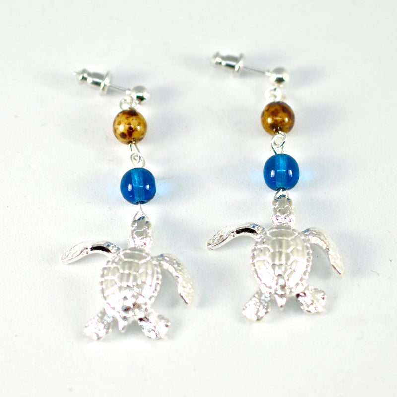 Sea Turtle Dangle Earrings with Beads -Sea Life Drop Earrings, Turtle Drop Earrings with Beads
