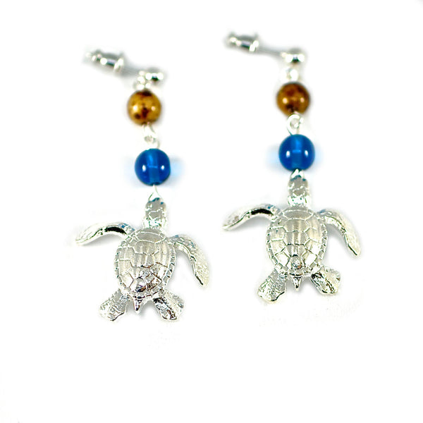 Sea Turtle Dangle Earrings with Beads -Sea Life Drop Earrings, Turtle Drop Earrings with Beads
