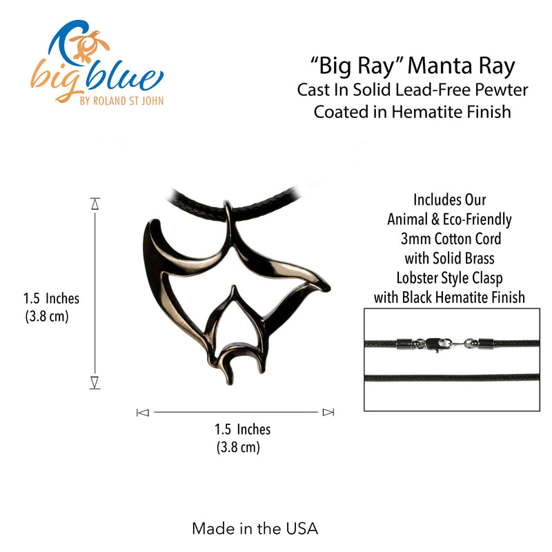 Manta Ray Necklace for Men and Women Hematite - Manta Ray Gift for Women and Men, Stingray Necklace Jet Black, Gifts for Divers, Hematite Jewelry