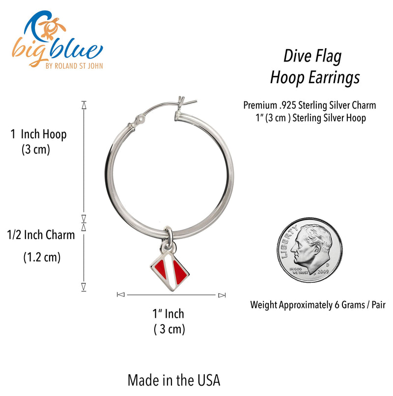 Dive Flag Hoop Earrings for Women Sterling Silver- Scuba Diving Gifts for Women, Scuba Diving Earrings, Dive Flag Charm Earrings, Gifts for Scuba Divers