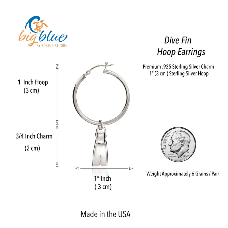 Dive Fin Hoop Earrings for Women Sterling Silver- Scuba Diving Gifts for Women, Scuba Diving Earrings, Dive Fin Charm Earrings, Gifts for Scuba Divers