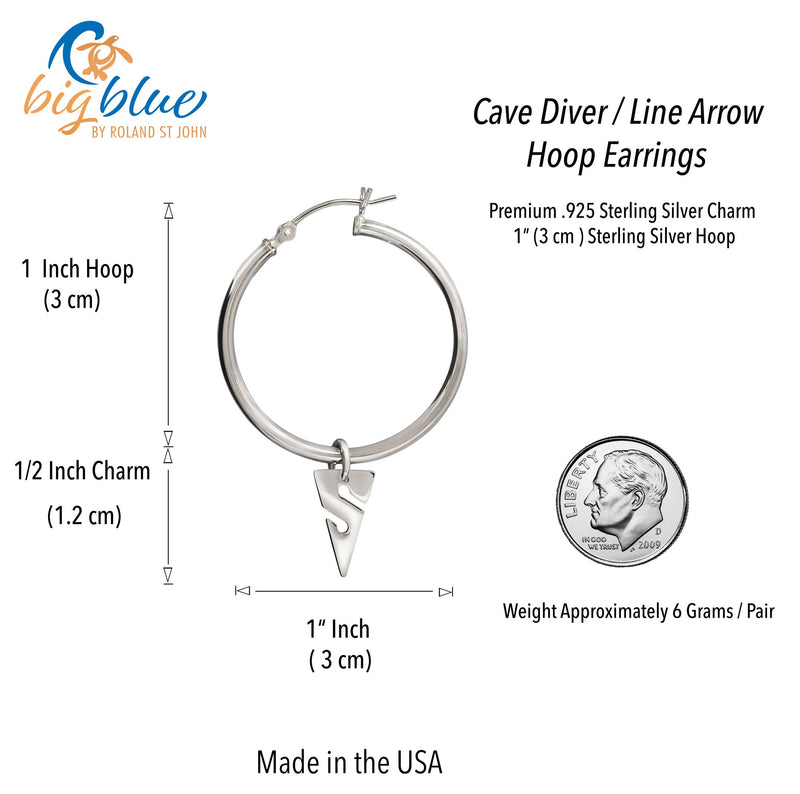 Line Arrow Sterling Silver Hoop Earrings- Earrings for Scuba Divers, Cave Diver Line Arrow Sterling Silver Drop Earrings