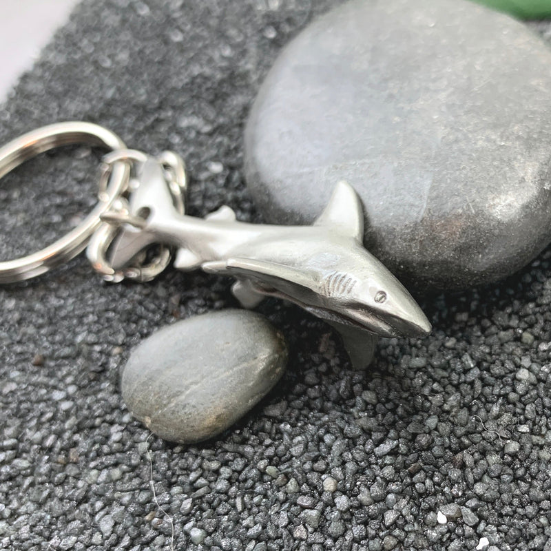 Reef Shark Keychain for Men and Women- Grey Reef Shark Keychain Charm, Gifts for Shark Lovers, Realistic Antique Pewter Keyring, Reef Shark Key Fob