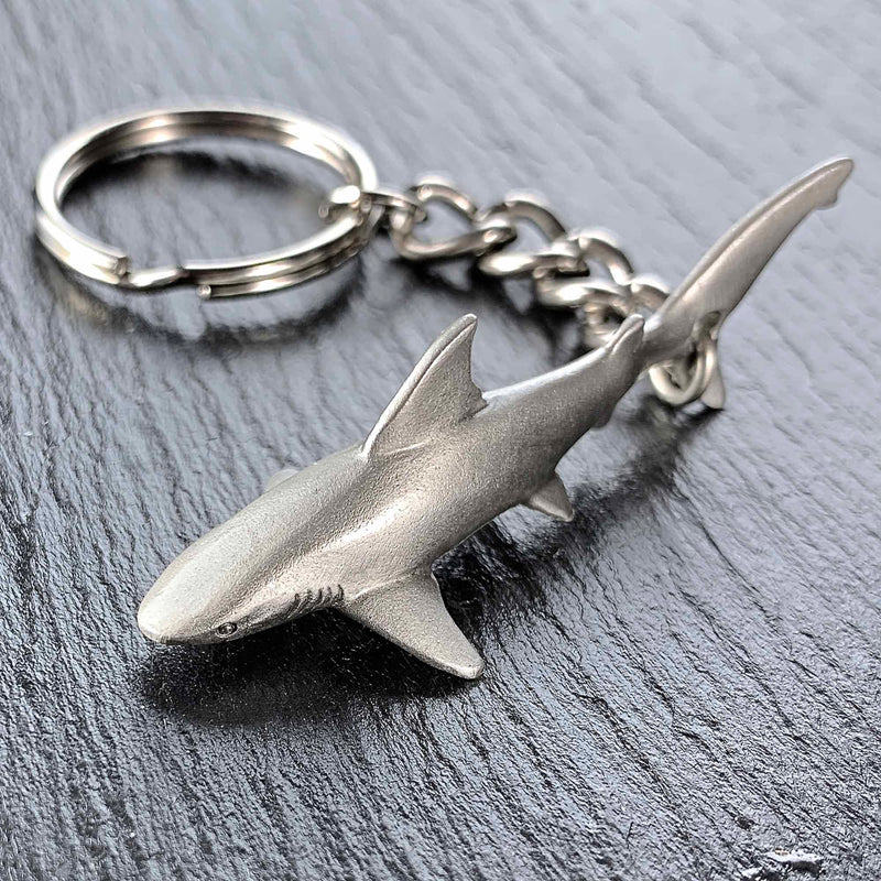 Reef Shark Keychain for Men and Women- Grey Reef Shark Keychain Charm, Gifts for Shark Lovers, Realistic Antique Pewter Keyring, Reef Shark Key Fob