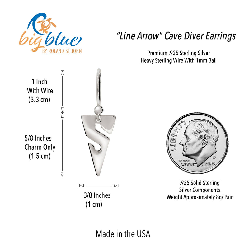 Line Arrow Sterling Silver Drop Earrings- Earrings for Scuba Divers, Cave Diver Line Arrow Sterling Silver Drop Earrings